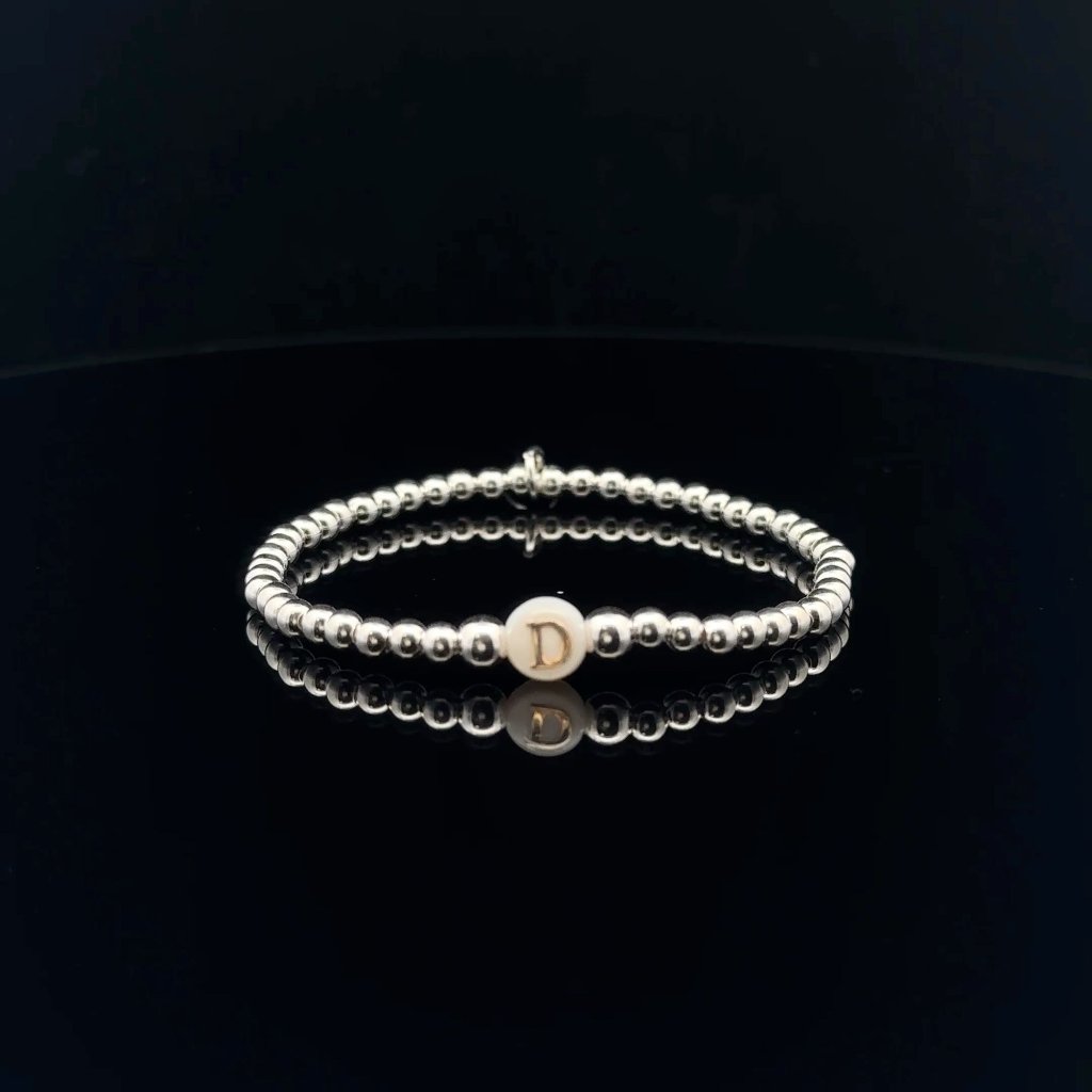 925 Sterling Silver Beaded Stretch Stacking Bracelet Mop Letter Initial D